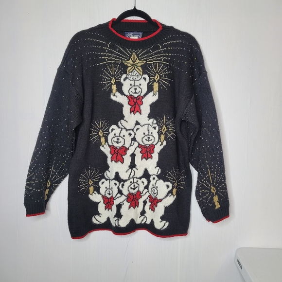 Vintage JJ Browne Christmas Holiday Black Gold Sweater Teddy Bears Size Large - Picture 3 of 13